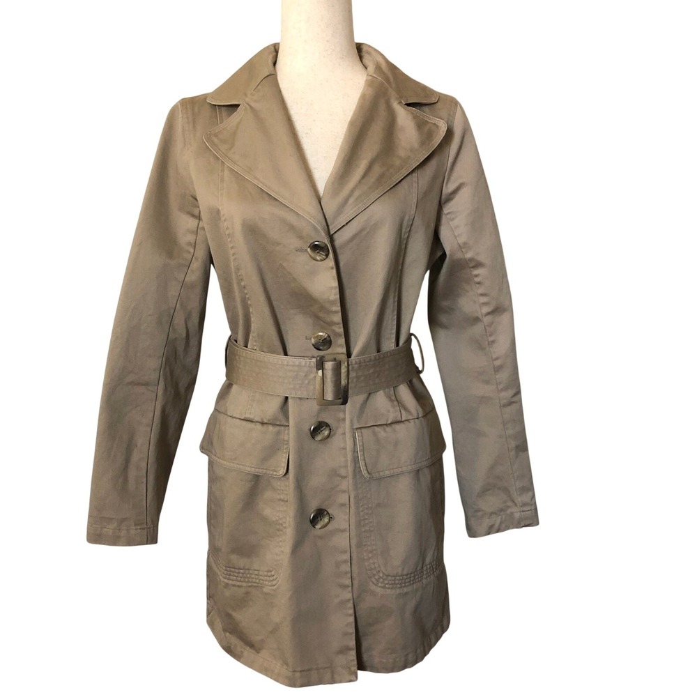 VTG Khaki Tan Belted Trench Coat Medium‎ Classic Minimalist 90s Y2K